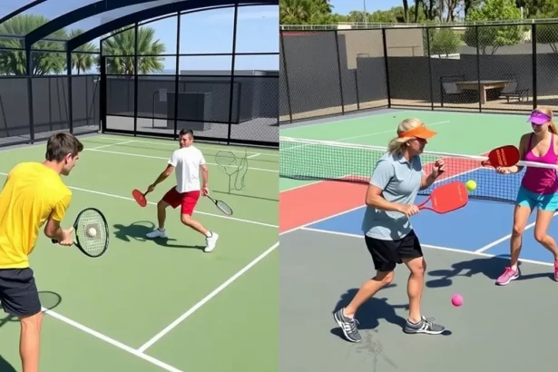 Padel vs Pickleball Padel player performing a smash with pickleball court in the background