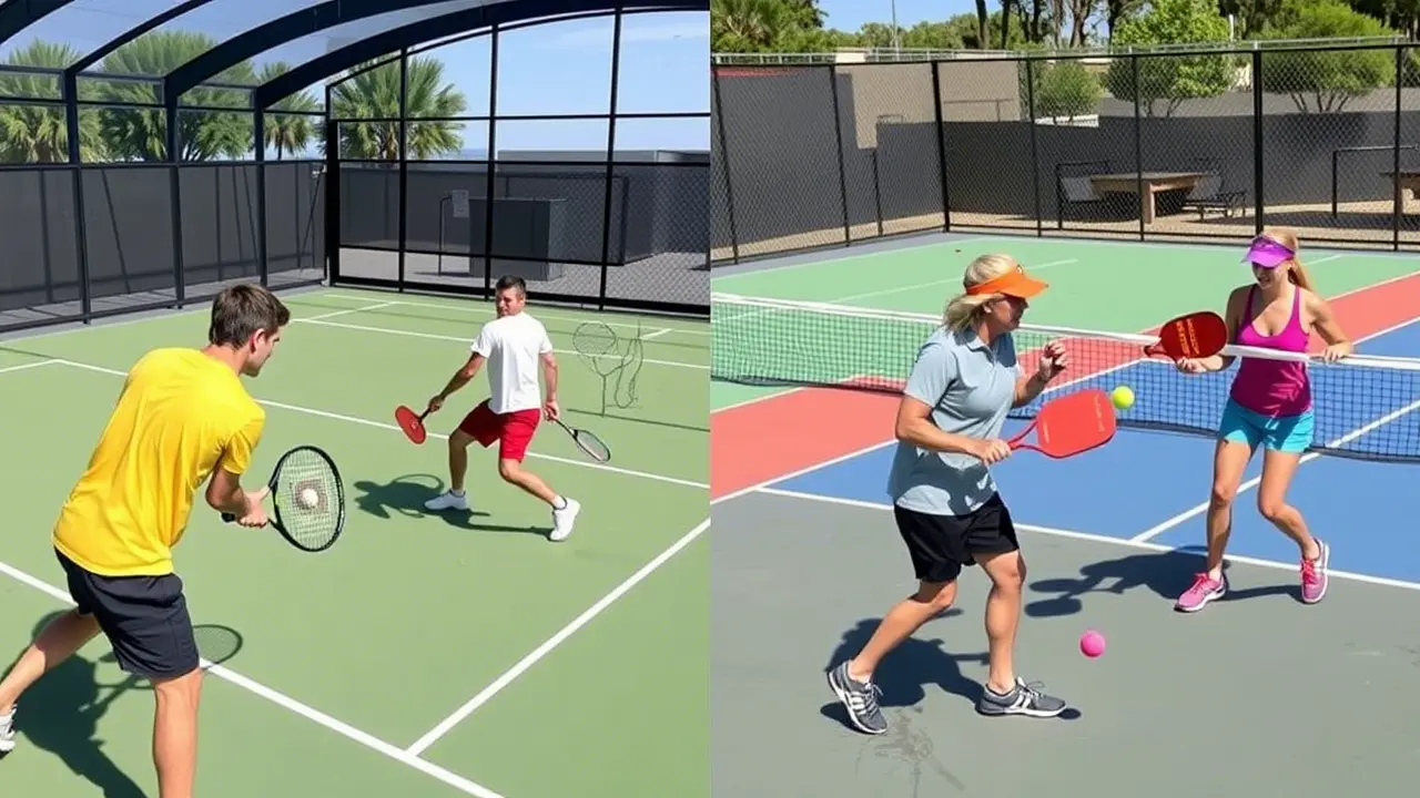 Padel vs Pickleball Padel player performing a smash with pickleball court in the background