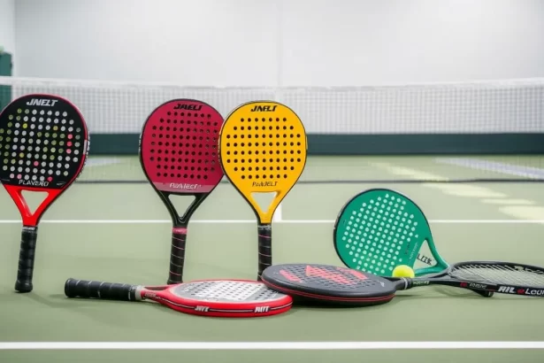 Assorted padel rackets displaying round, teardrop, and diamond shapes.