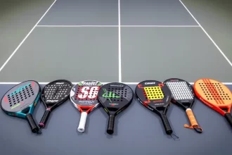 Top 10 padel rackets of 2025 displayed on a modern padel court.