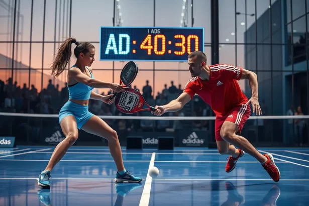 Players serve during a competitive padel match on a glass-walled court showcasing padel rules