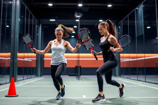 Two athletes performing padel training drills, padel footwork and reaction drills on a modern court